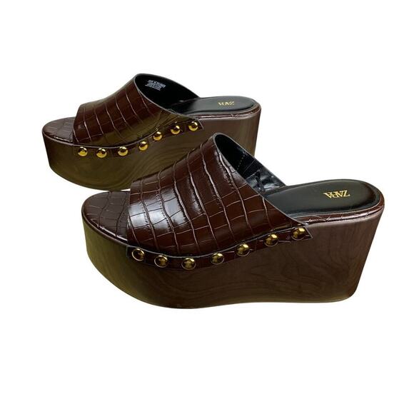 Zara Brown Studded Platform Wedge Sandals Size 39 US 6 Y2k Style - Picture 4 of 9